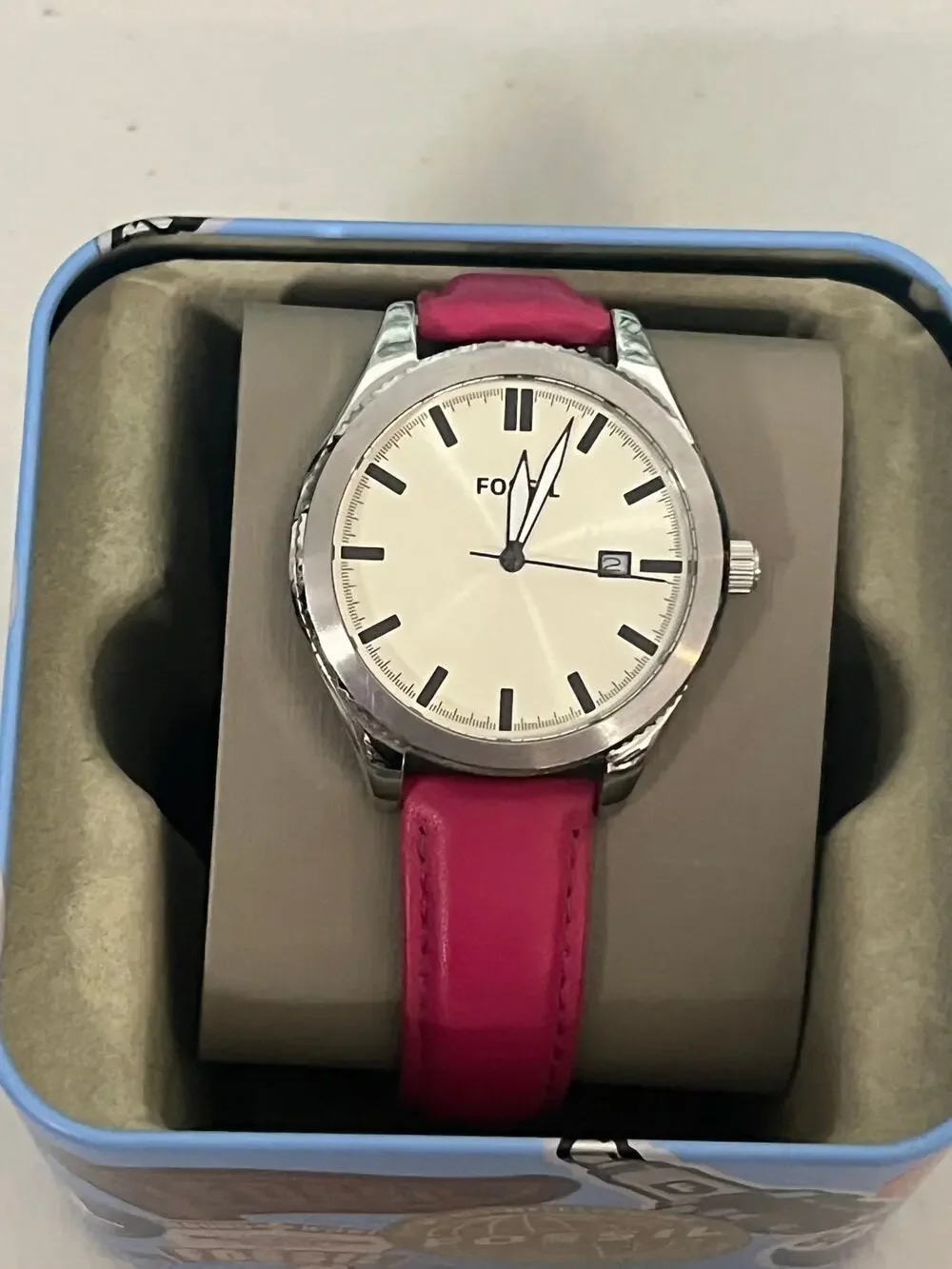 Fossil BQ3258 Ladies 36mm Steel Pink Leather Date Quartz 50M Water Watch